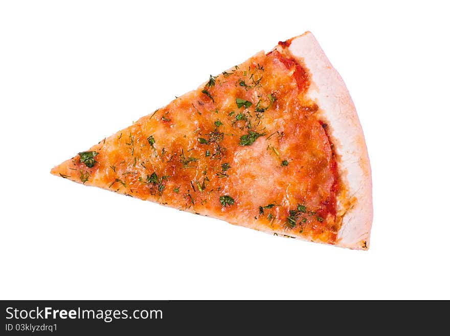 A piece of cheese pizza on a white background