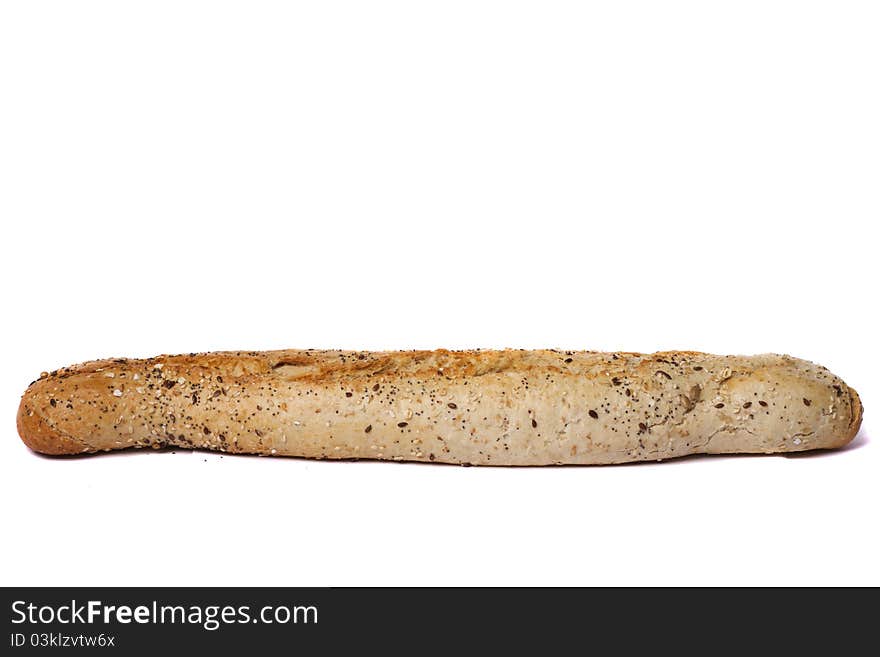 Close view of a baguette bread  isolated on a white background. Close view of a baguette bread  isolated on a white background.