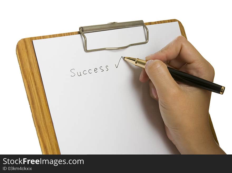 Woman write with pen on the paper isolated over white background. Woman write with pen on the paper isolated over white background