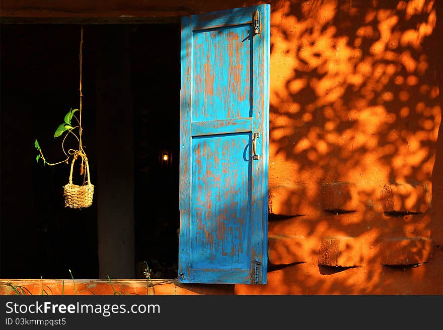 Vintage blue window frame with plant on the basket