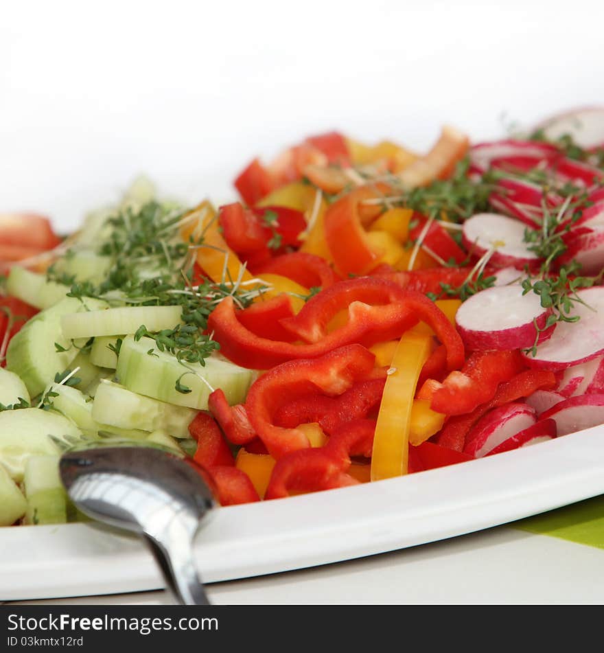 Delicious salad of cucumbers, peppers and radishes - close up - square