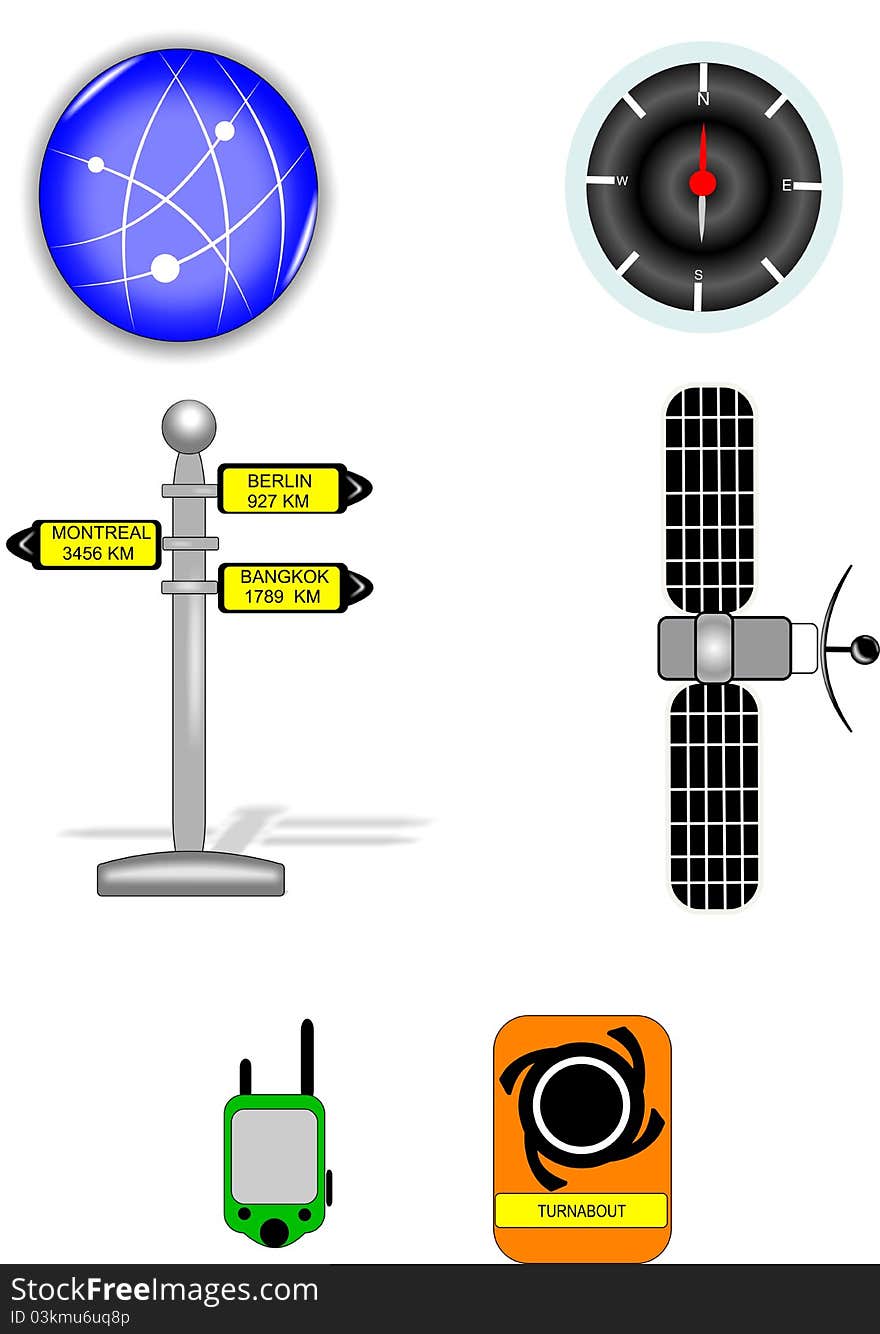 Navigational icons for directions and communications. Navigational icons for directions and communications