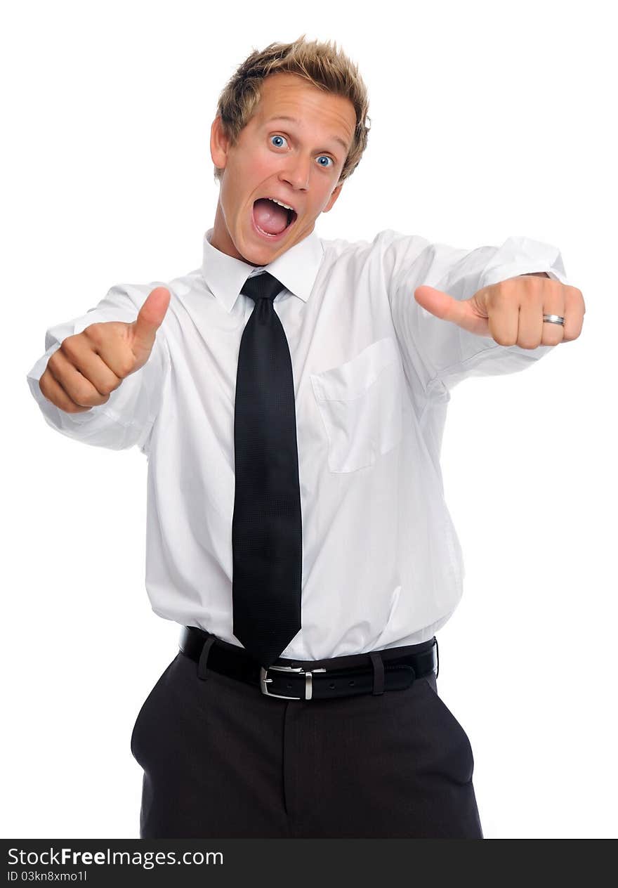 Excited businessman with thumbs up