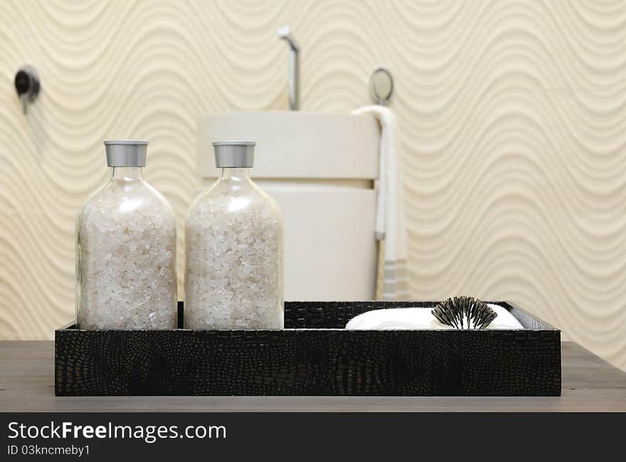 Bath salt in the design bathroom container.