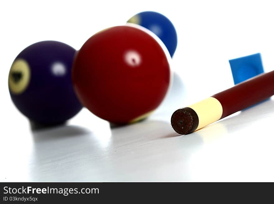 Shot of pool balls stick and chalk. Shot of pool balls stick and chalk