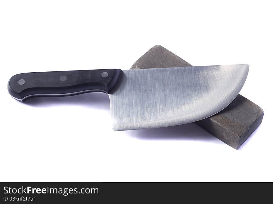 Close up view of butcher knife isolated on a white background.