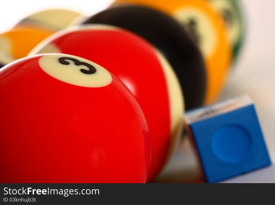 Shot of pool balls and chalk