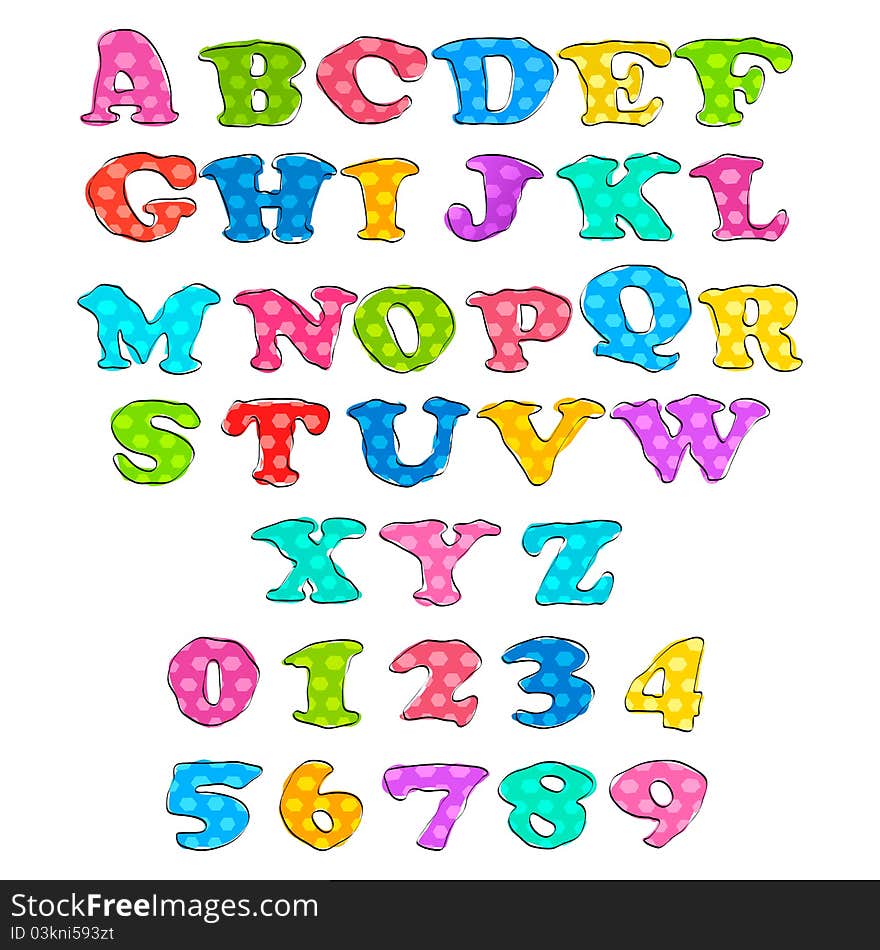 Illustration of set of alphabet and number in sketchy style