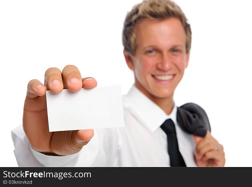 Successful businessman holding empty card