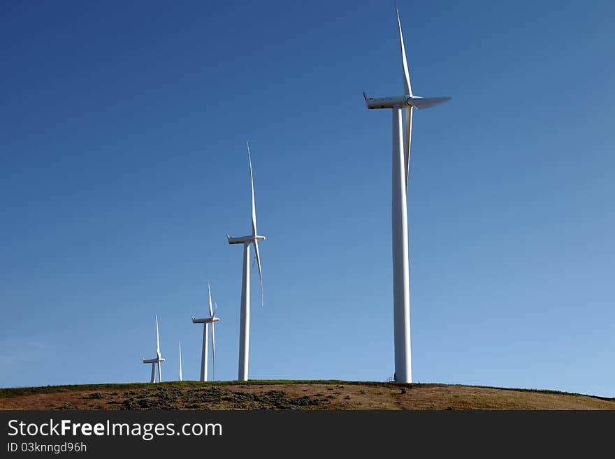 Wind turbines on top of a hill in Washington state. Wind turbines on top of a hill in Washington state.