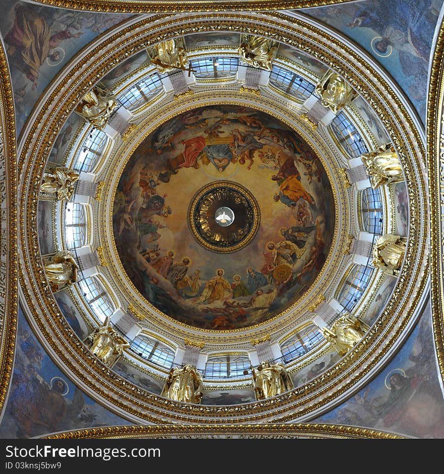 Sankt Petersburg landmark Isaac cathedral highest central dome with frescoes and mosaic from inside. Sankt Petersburg landmark Isaac cathedral highest central dome with frescoes and mosaic from inside