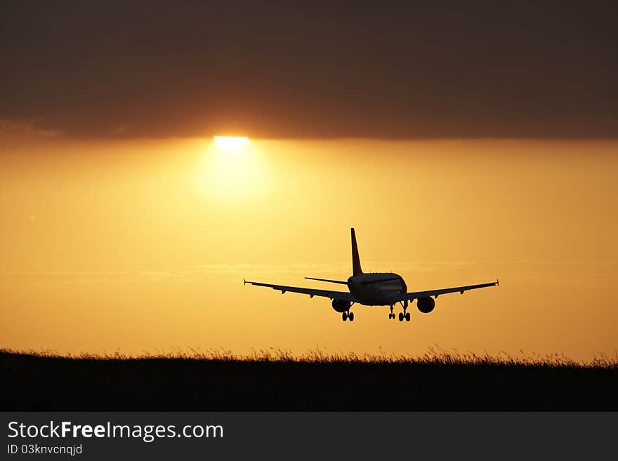 Landing at sunset, Prague Ruzyne Airport