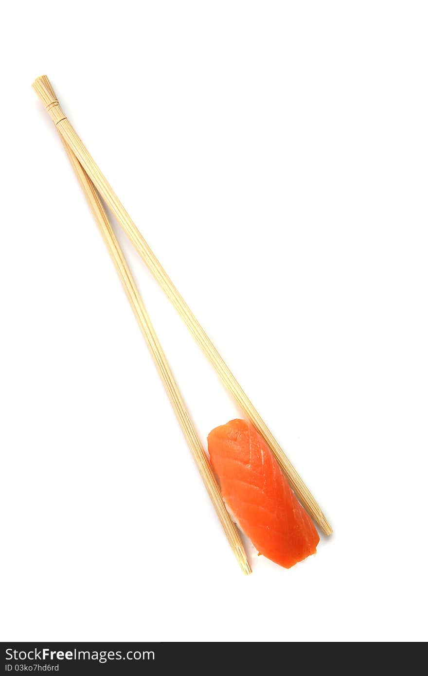 Salmon Sushi With Chopsticks Isolated On White