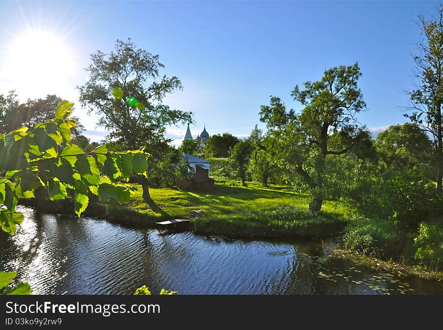 Morning at the russian countryside at the river bank