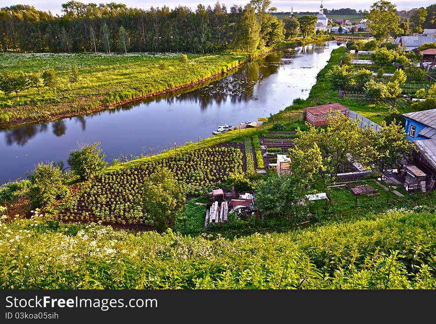 Morning at the russian countryside at the river bank