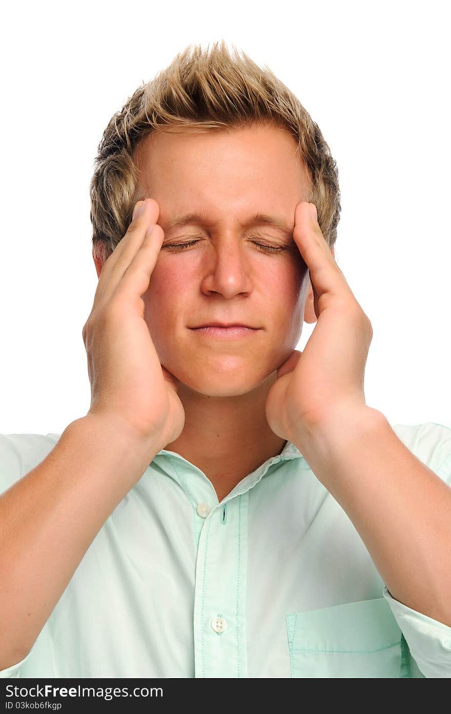 Man in shirt suffers from headache isolated on white. Man in shirt suffers from headache isolated on white