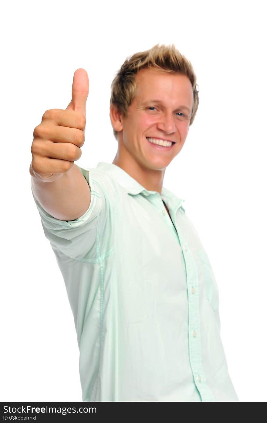 Attractive caucasian man in shirt has his thumb up, isolated on white. Attractive caucasian man in shirt has his thumb up, isolated on white