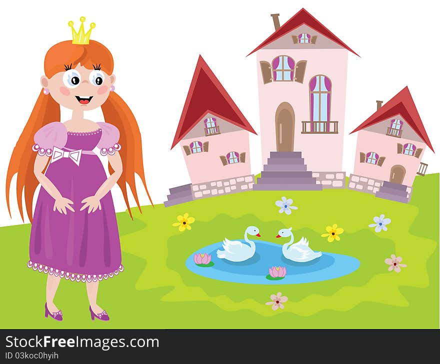 Redhead princess and tower, isolated