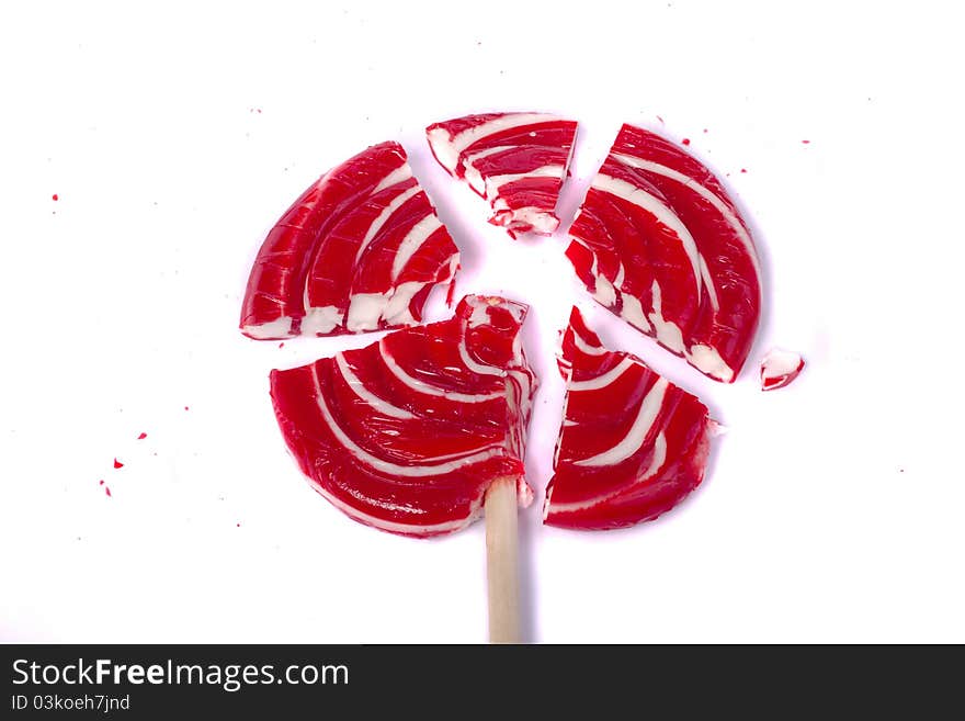 Close up view of a sweet lollipop isolated on a white background.