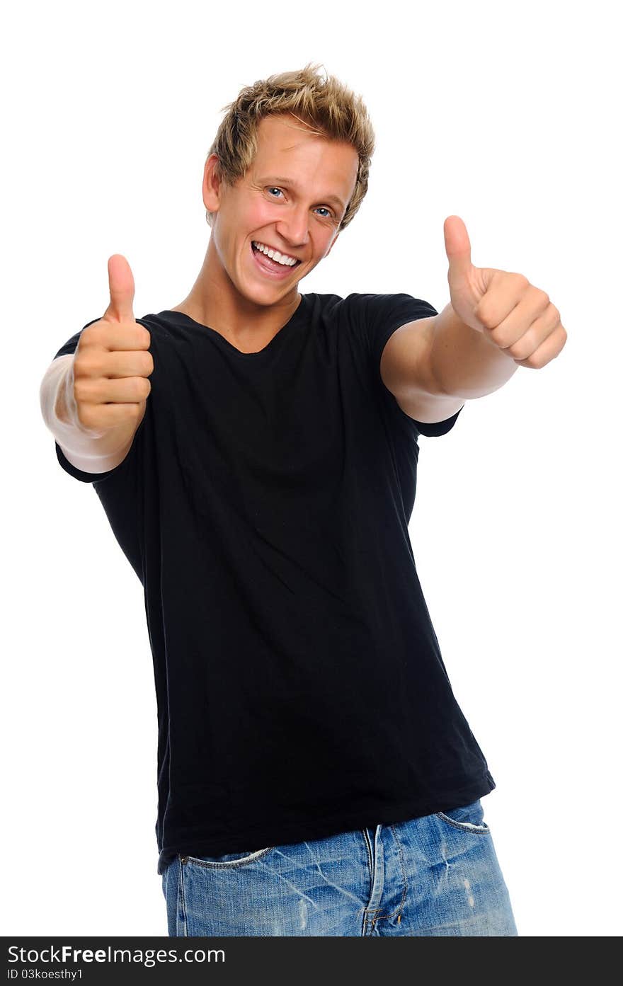 Positive man shows his approval with two thumbs up; isolated on white. Positive man shows his approval with two thumbs up; isolated on white