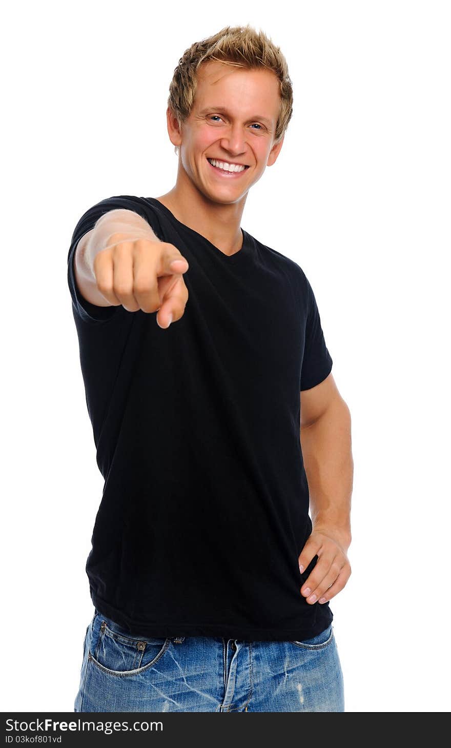 Man in casual attire pointing with his index finger. Man in casual attire pointing with his index finger