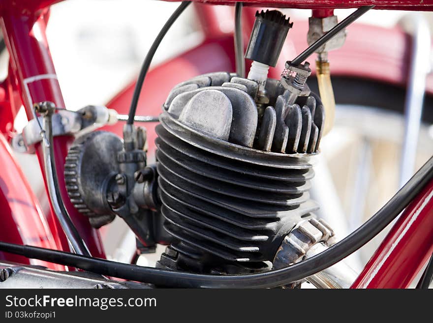 Close up view details of a classic motorcycle in the outdoors.