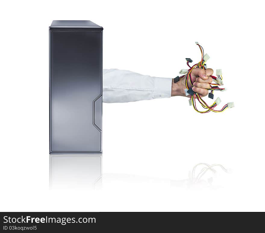 An arm dressed in a business shirt bursts from the side of a PC case with a handful of internal power cables. An arm dressed in a business shirt bursts from the side of a PC case with a handful of internal power cables.