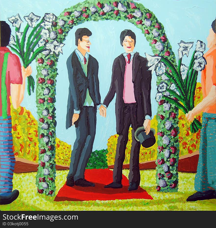 Two gay men get married homosexual wedding with flowers. Two gay men get married homosexual wedding with flowers