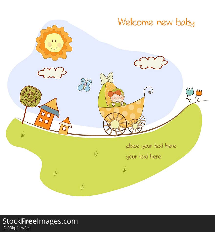 Baby girl shower announcement card with pram