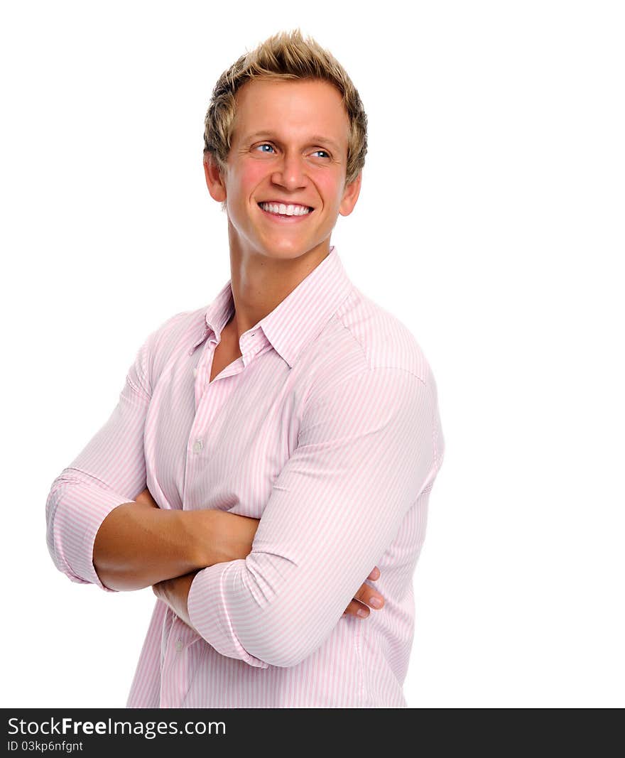 Young man looks away thoughtfully in studio. Young man looks away thoughtfully in studio