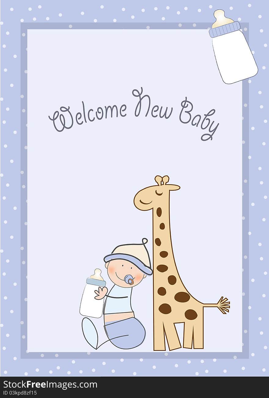 Baby boy shower card with giraffe toy and little baby