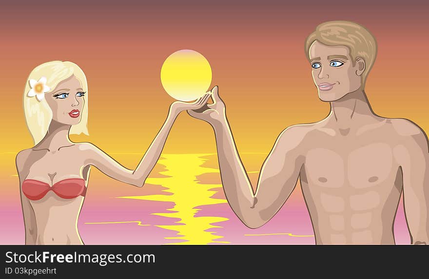 Boy and girl in love on the beach at sunset holding the sun. Boy and girl in love on the beach at sunset holding the sun