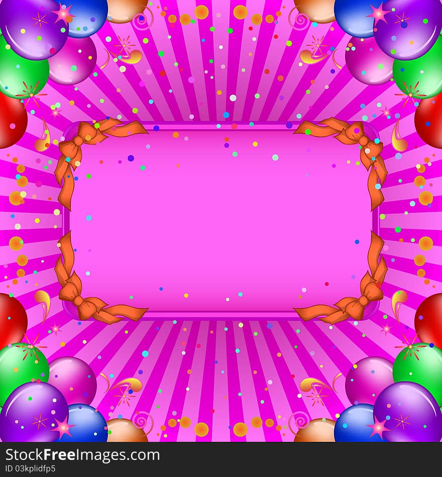 frame, coloured balloons and confetti on lilac background with beams. frame, coloured balloons and confetti on lilac background with beams