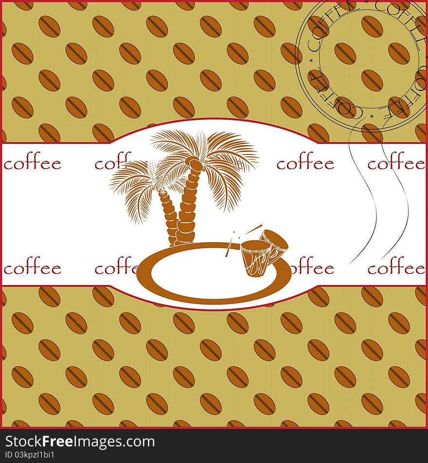 Label for coffee with palm trees and drums