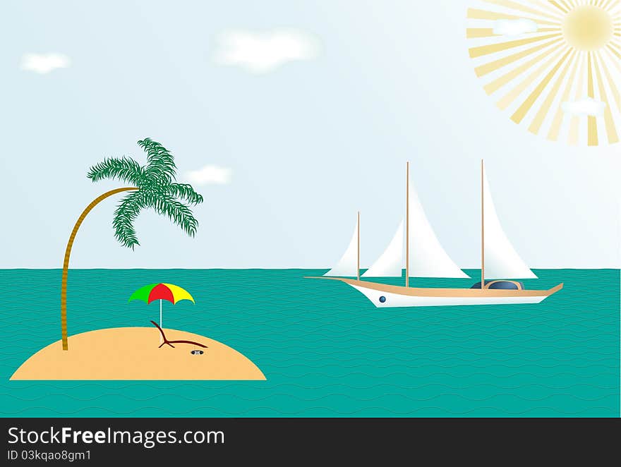 Illustration of summer beach with palm, boat, sun, beach chairs and an umbrella