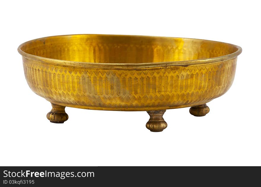 Old antique vintage gold, brass bowl, isolated on white background