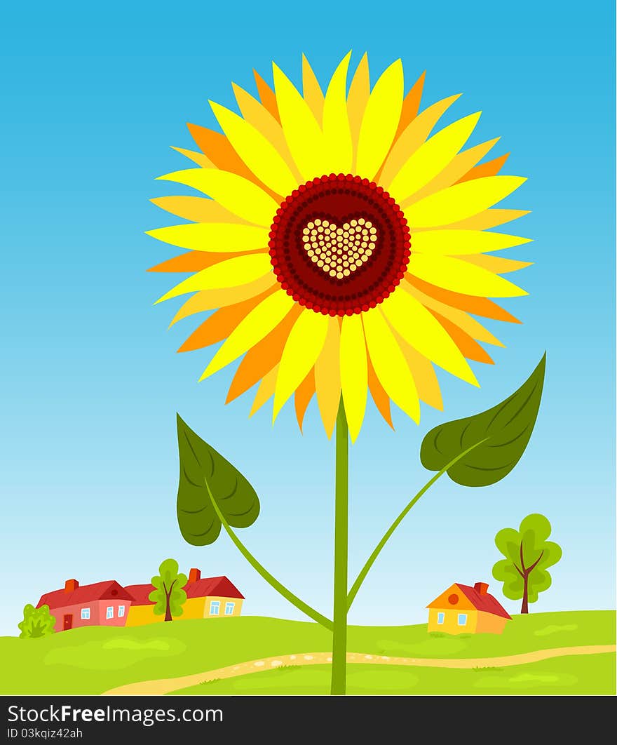 Sunflower with heart against village. Vector illustration. Sunflower with heart against village. Vector illustration.