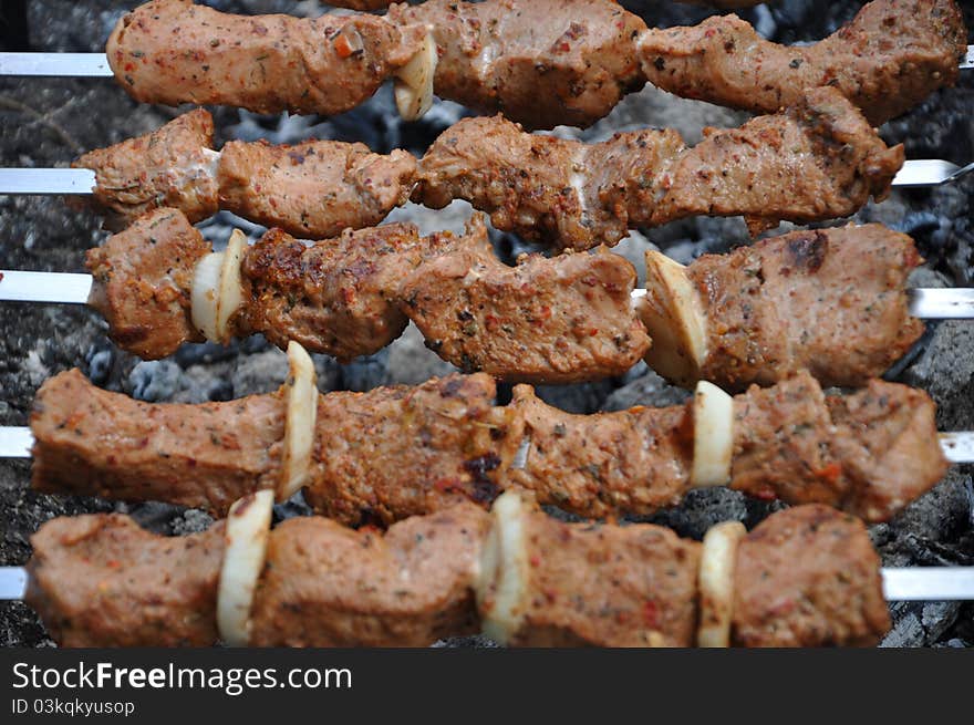 Barbecue - fry beef meat and onion