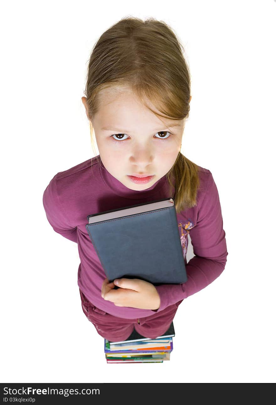 Pretty young girl with book, back to school concept, isolated over white