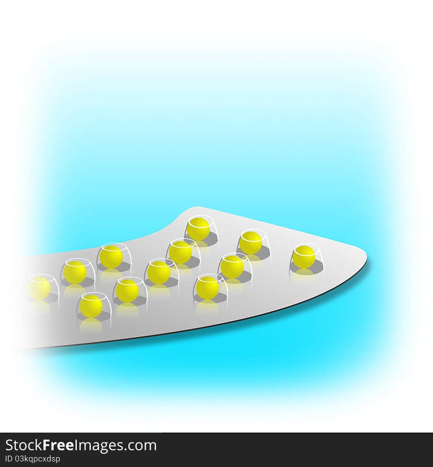 Packing yellow tablets on blue background. Packing yellow tablets on blue background