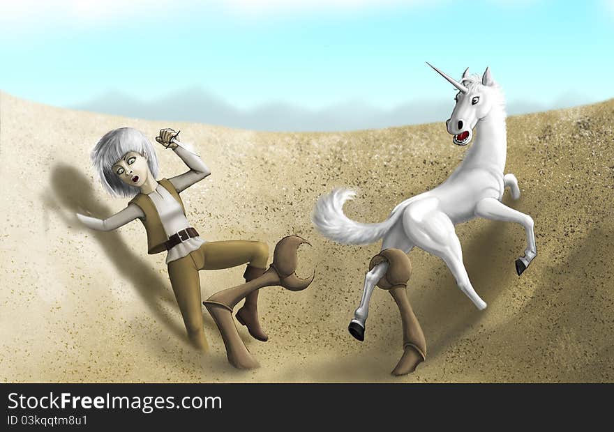 Cirilla and unicorn fight with sandy monster. Cirilla and unicorn fight with sandy monster