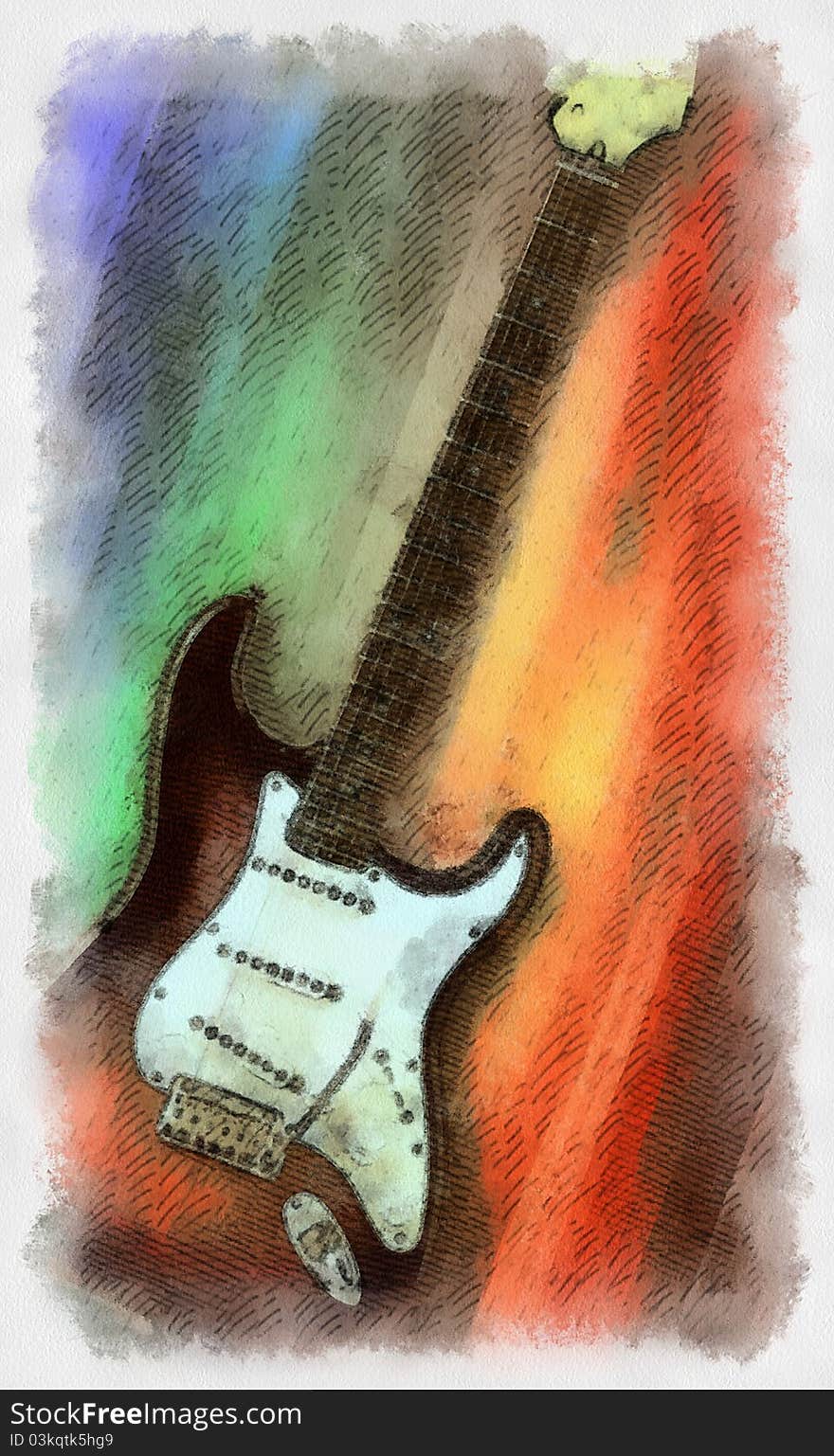 Watercolor painted electric guitar on color background