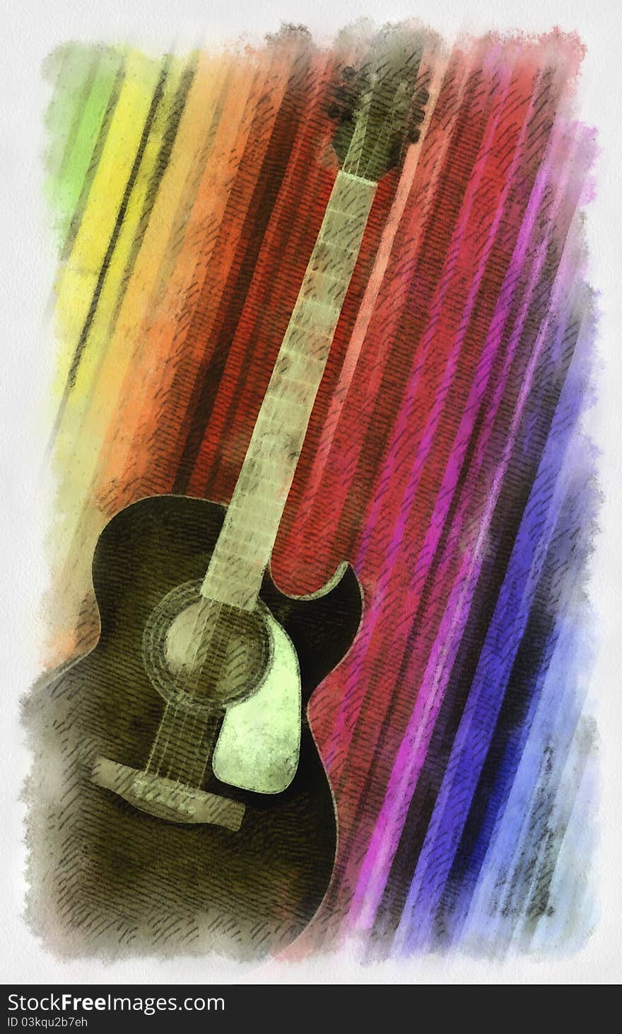 Watercolor painted acoustic guitar on color background