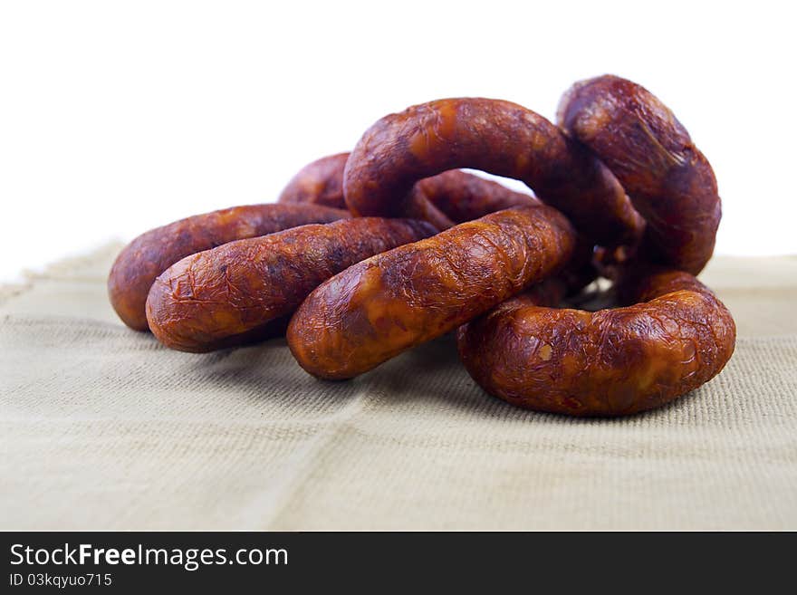 Close up view of some traditional Portuguese chorizo on a table