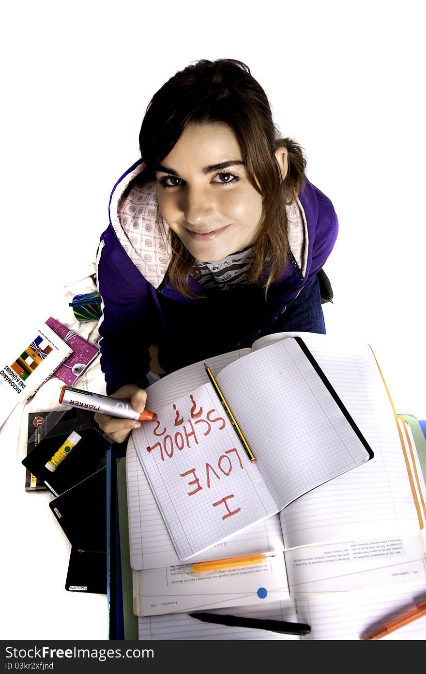 School girl on a white background