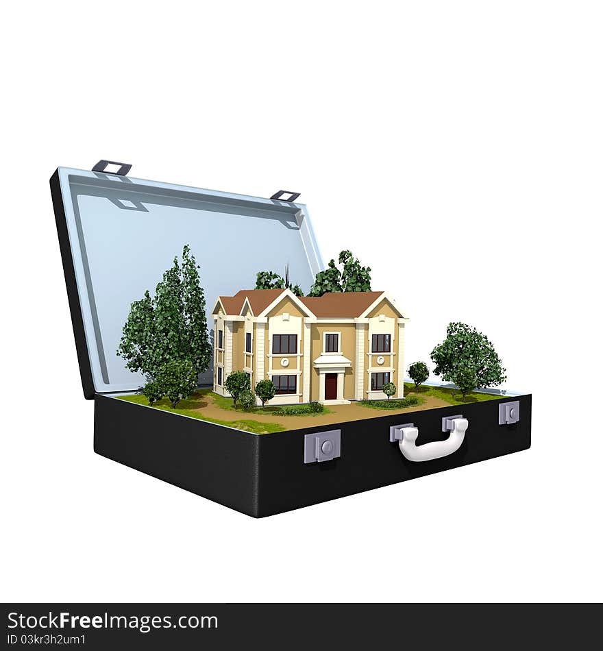 The house in a case on a white background with trees