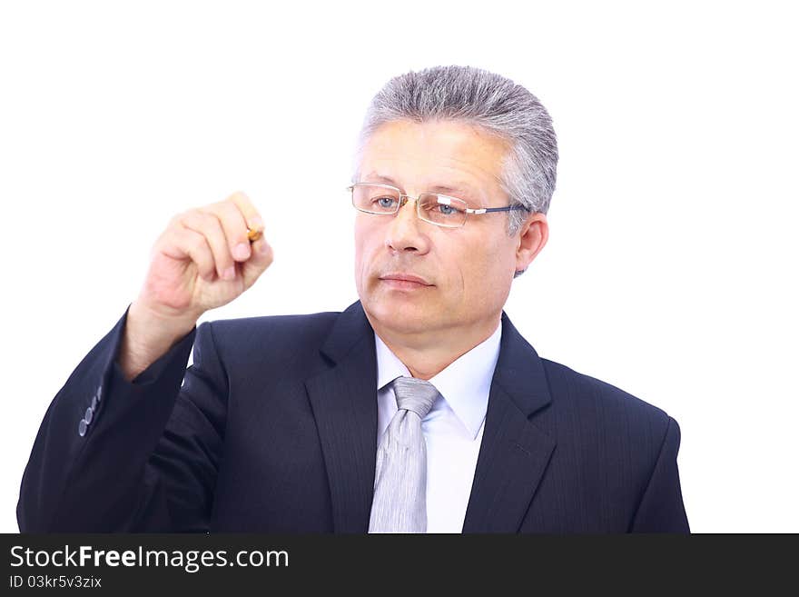 Man writing on a clear screen