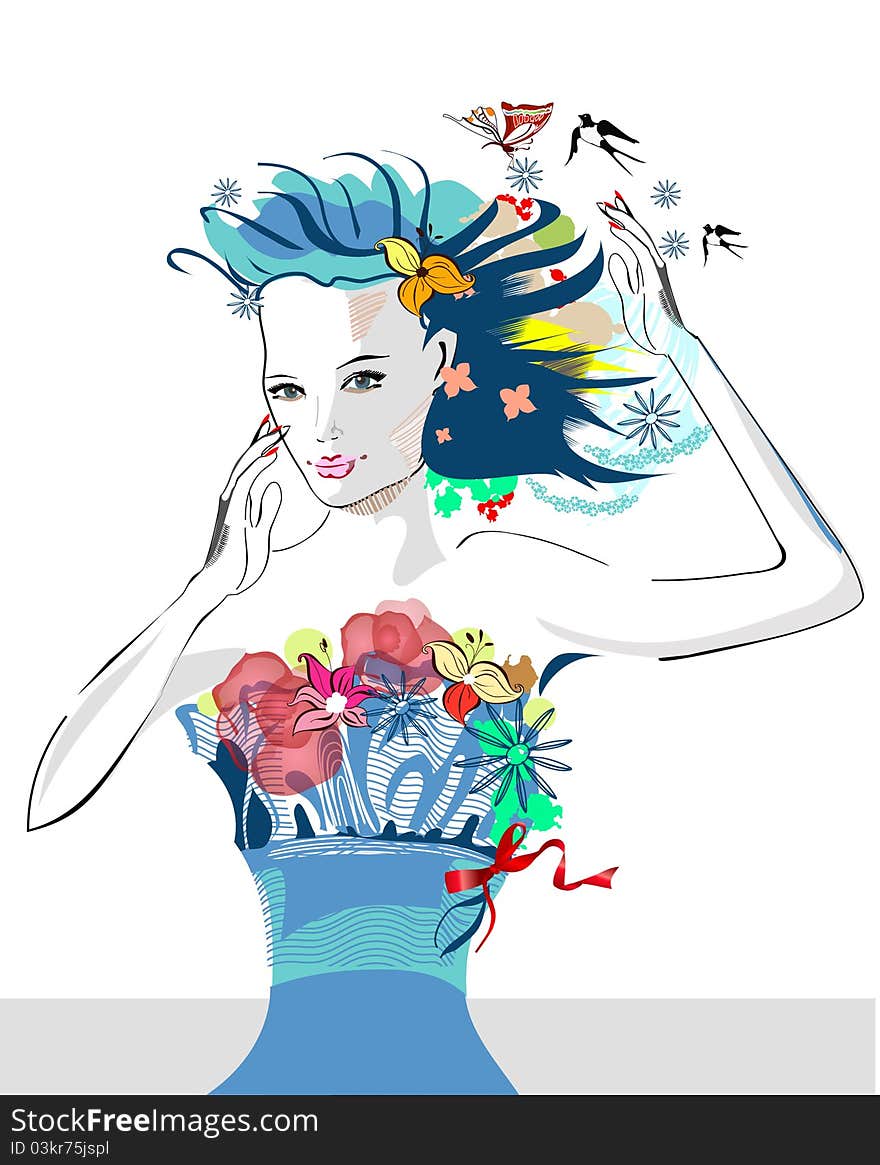 Abstract summer girl with flowers