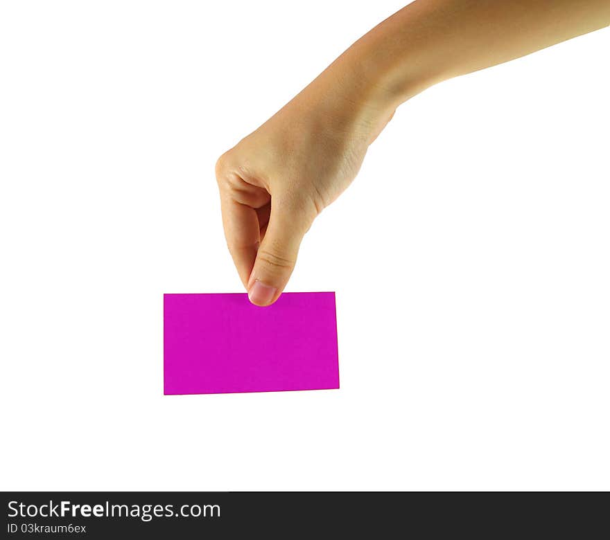 Woman's hand and pink card isolated on white