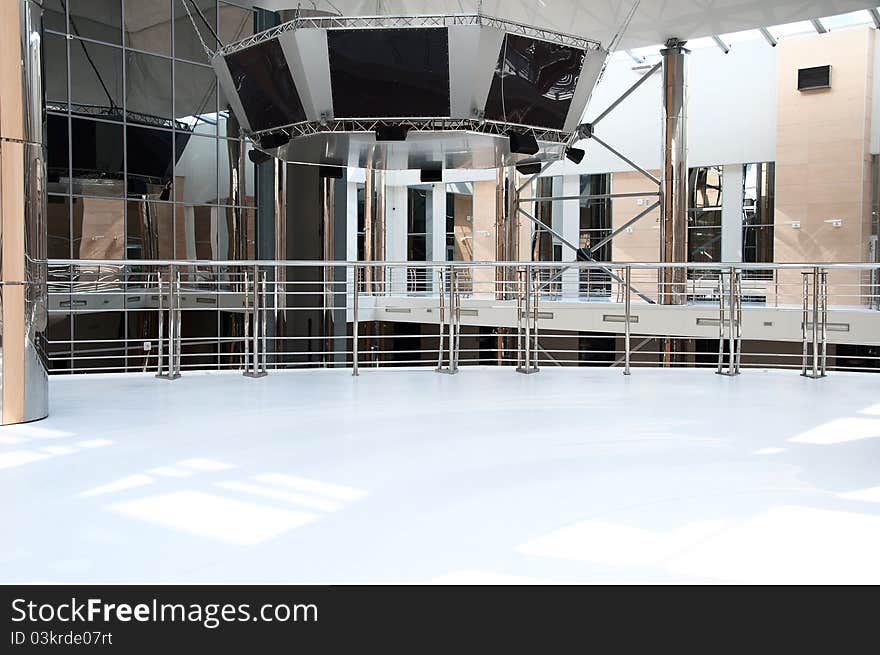 Office interior, the big amphitheater with monitors under a ceiling. Office interior, the big amphitheater with monitors under a ceiling